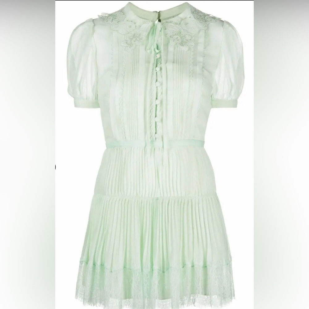 Self-Portrait Chiffon Lace Mini Dress in Pastel Jade Green Size 0